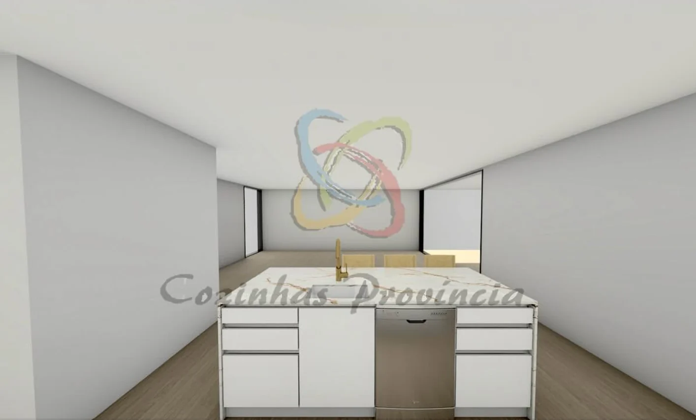 Cozinha branca com eletrodomésticos integrados
